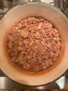 Browning ground beef and bacon for chili