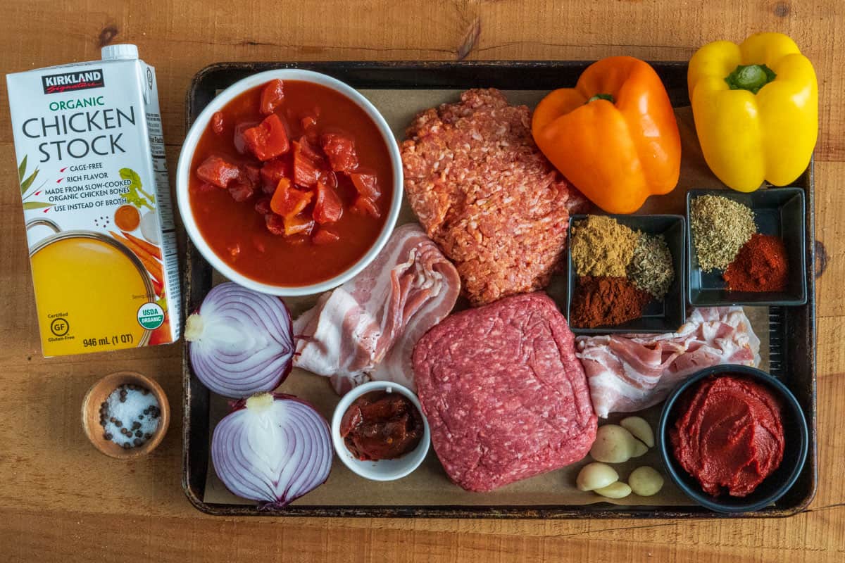Ingredients for making chili on a sheet tray