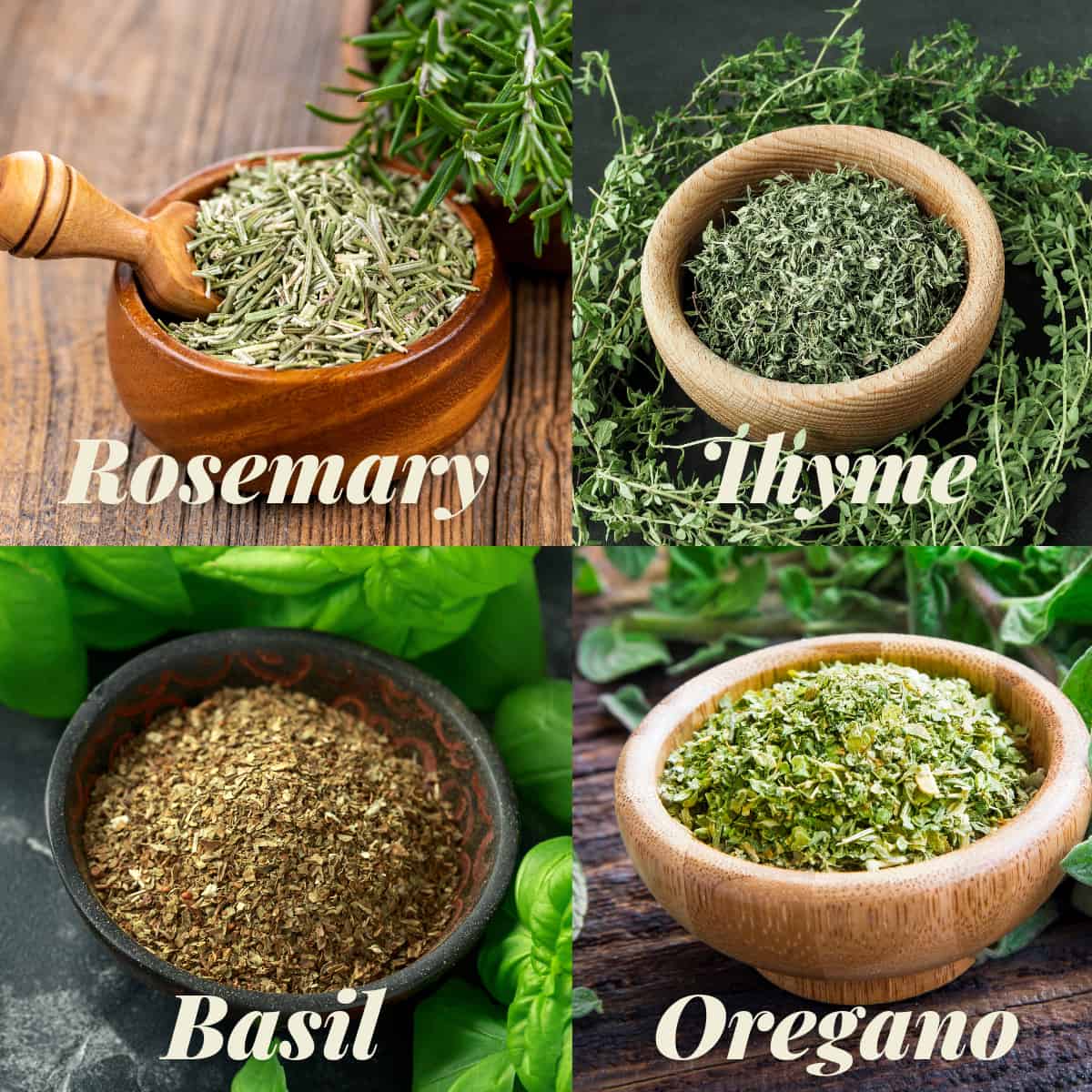 informational image showing dried basil, thyme, oregano, and rosemary in small bowls