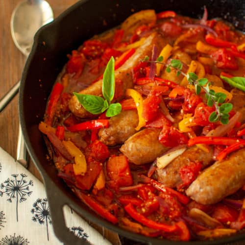 Italian Sausage Baked with Bell Peppers, Onions, & Tomatoes