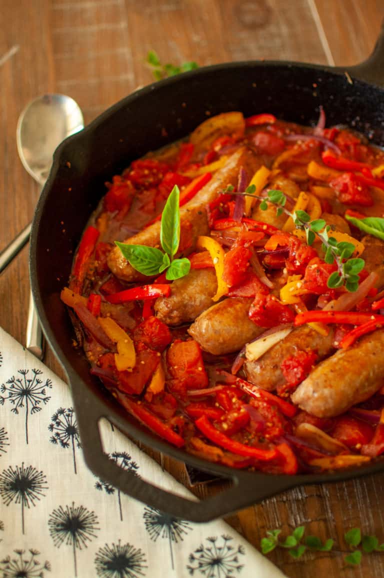 Italian Sausage Baked with Bell Peppers, Onions, & Tomatoes