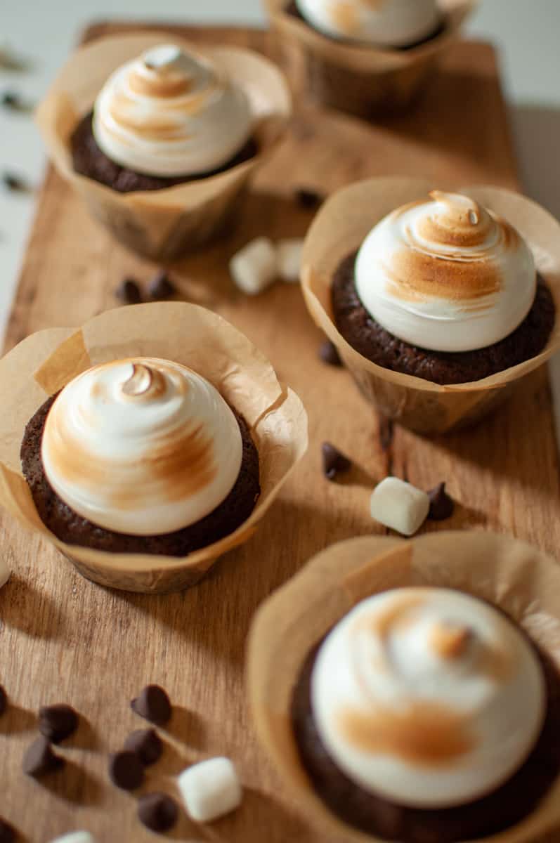 Toasted meringue frosting on s'more cupcake