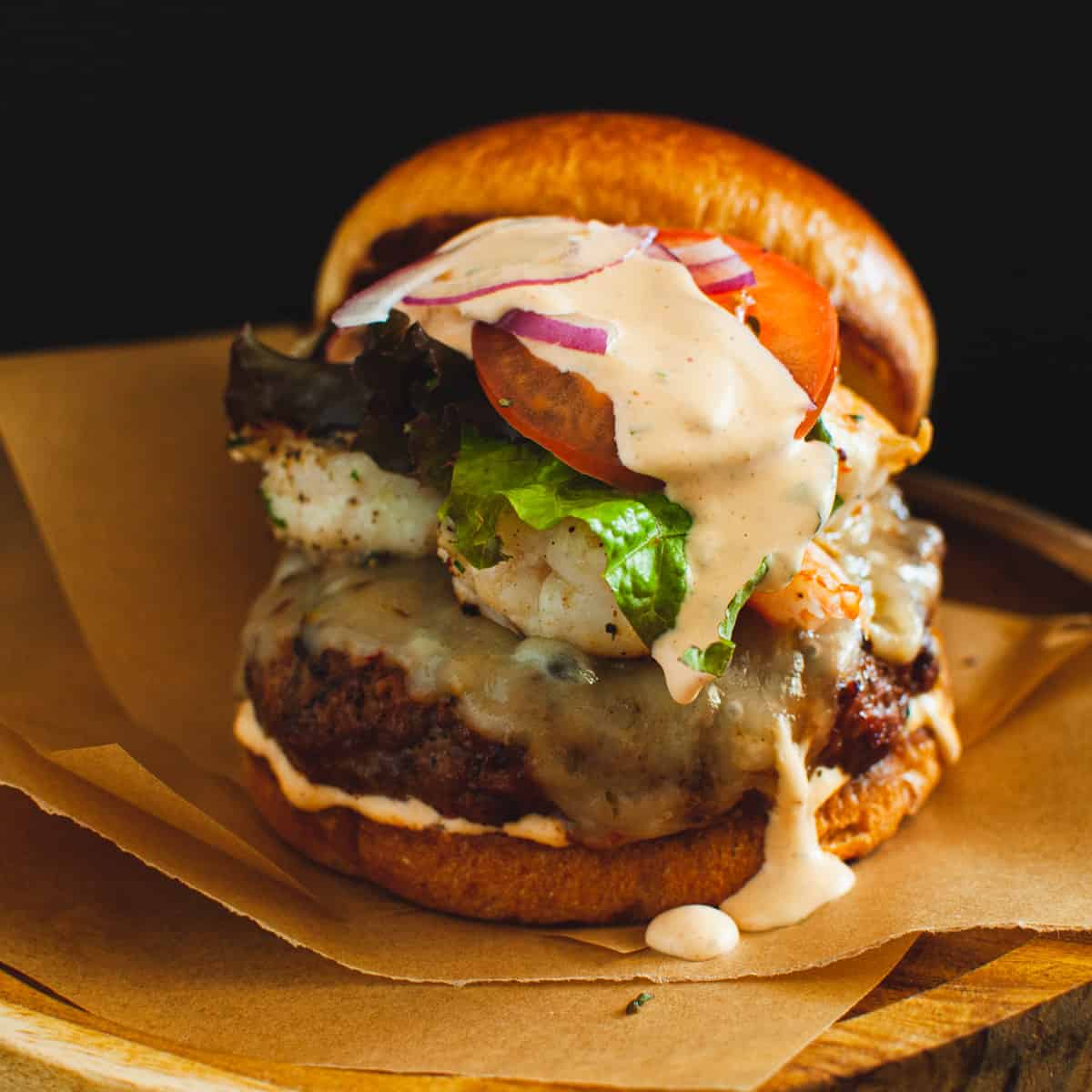 Chorizo Burger with Shrimp and Sriracha Aioli