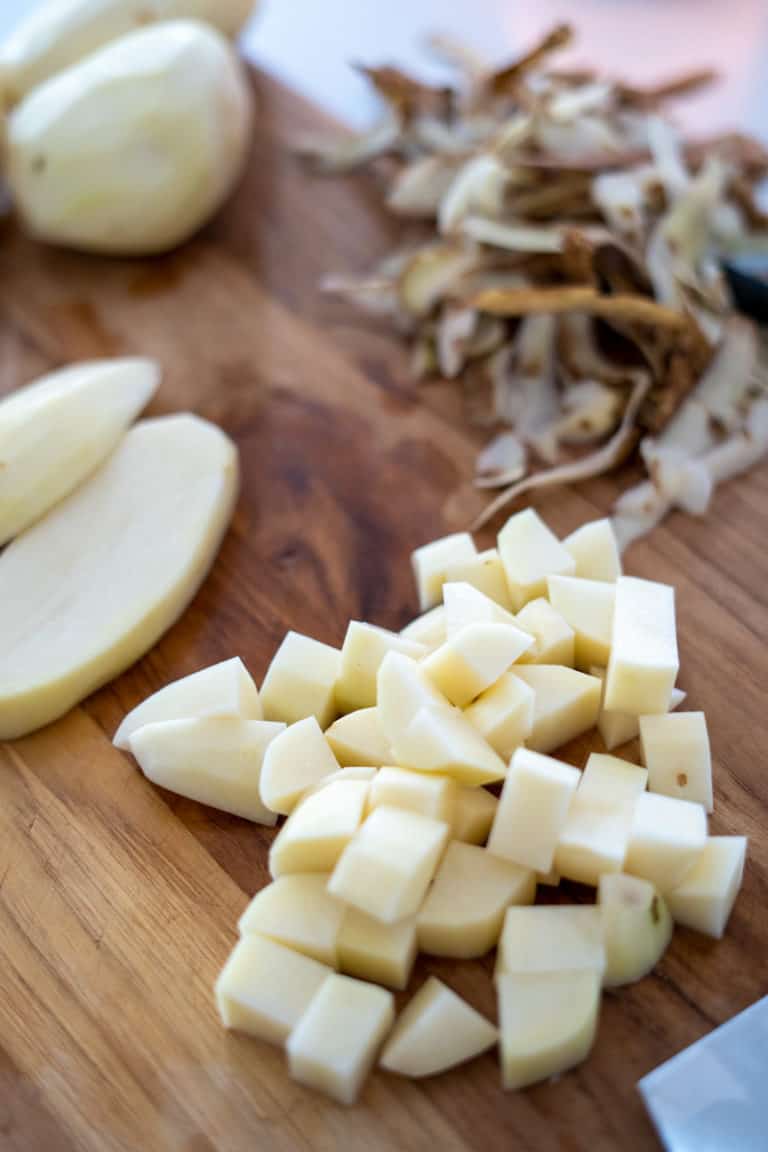 Peeled potatoes that have been cubed