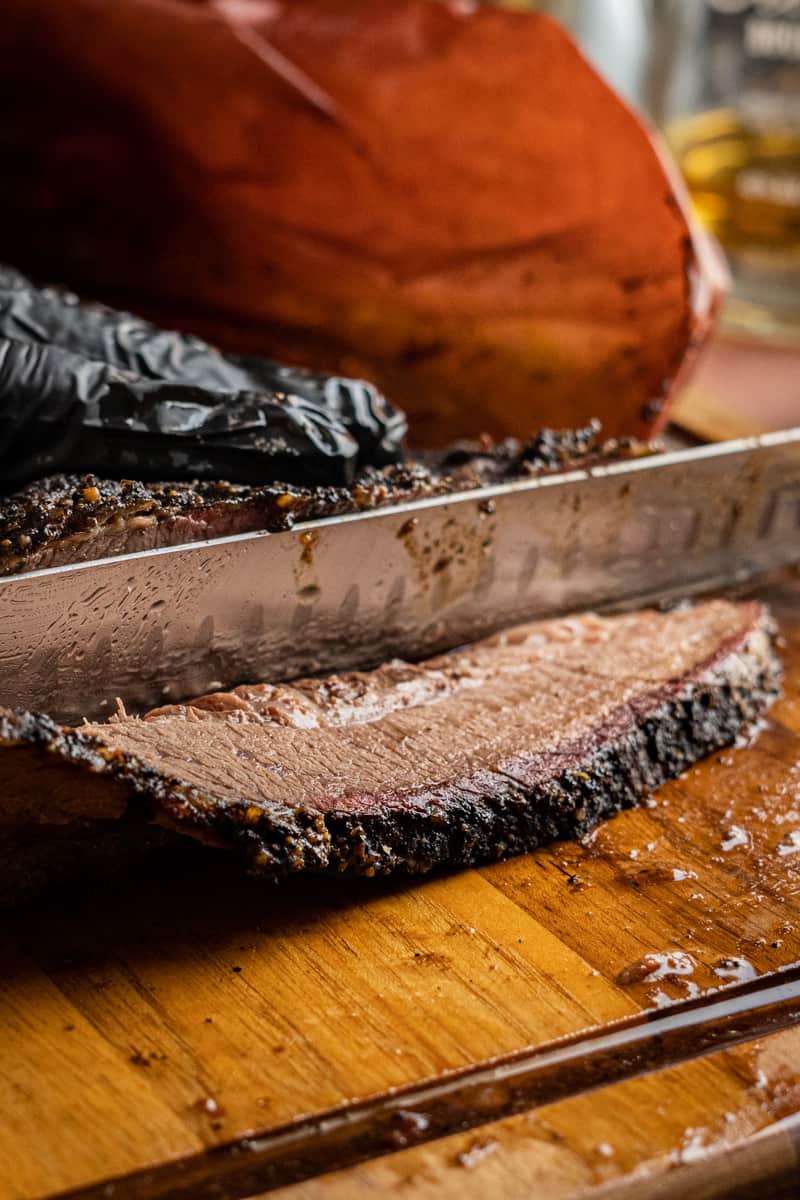 up close view of brisket being sliced