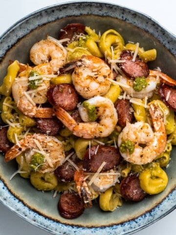 Shrimp & Andouille with tortellini served family style