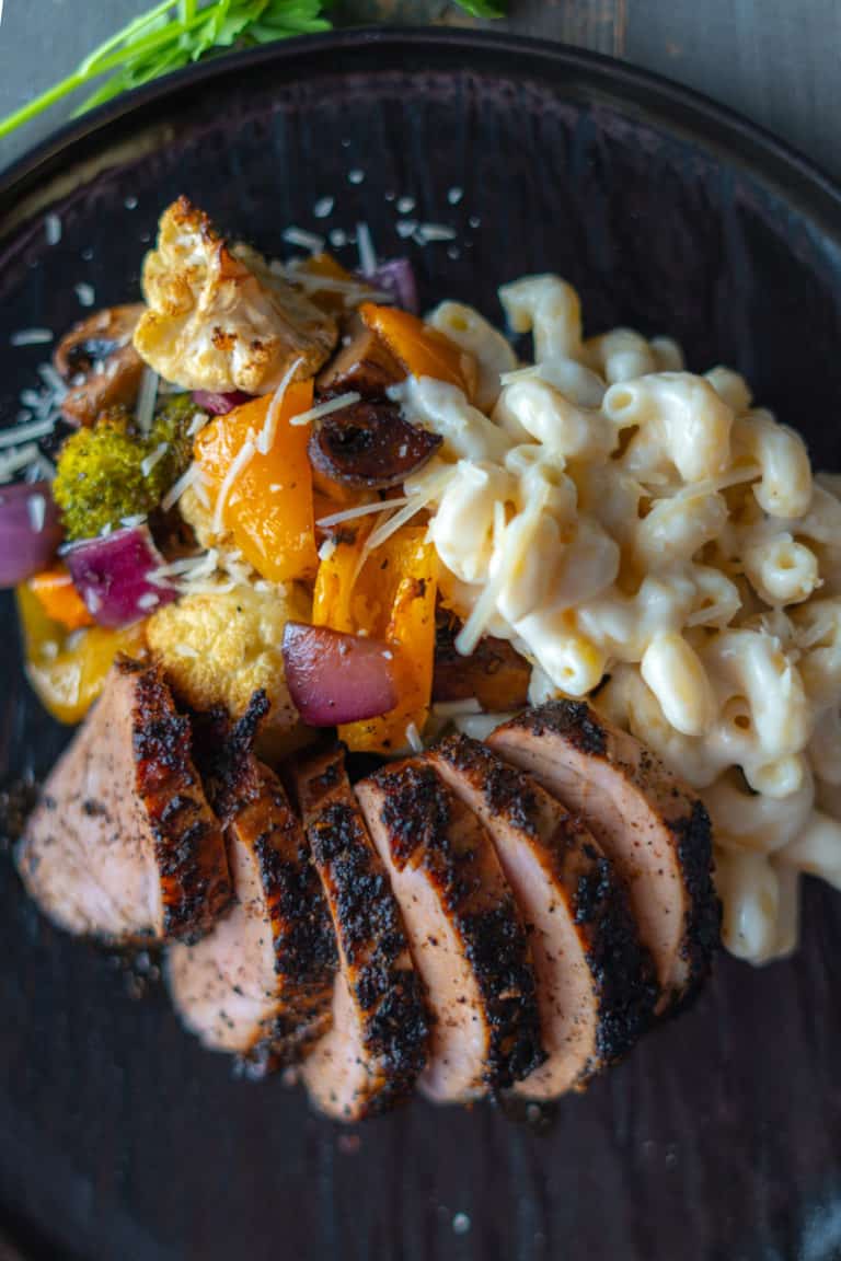 Smoked Vegetables - Plated with Sliced Pork Tenderloin & Mac and Cheese
