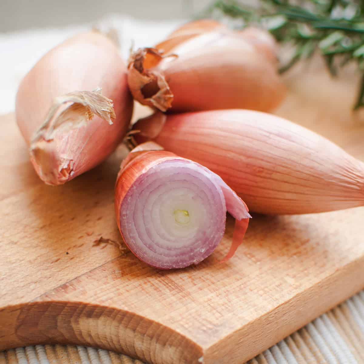 4 shallots on a small cutting board, one is cut in half