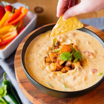Spicy Shrimp Queso in a bowl