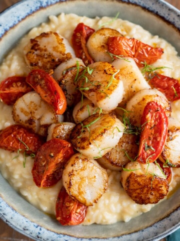 Truffle Risotto with Scallops with oven roasted tomatoes