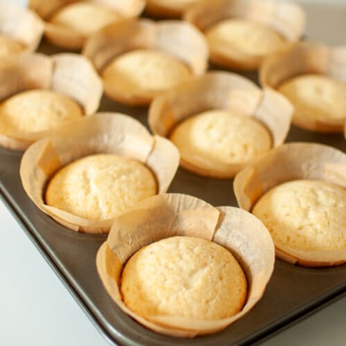 Evenly portioned golden muffins in paper liners