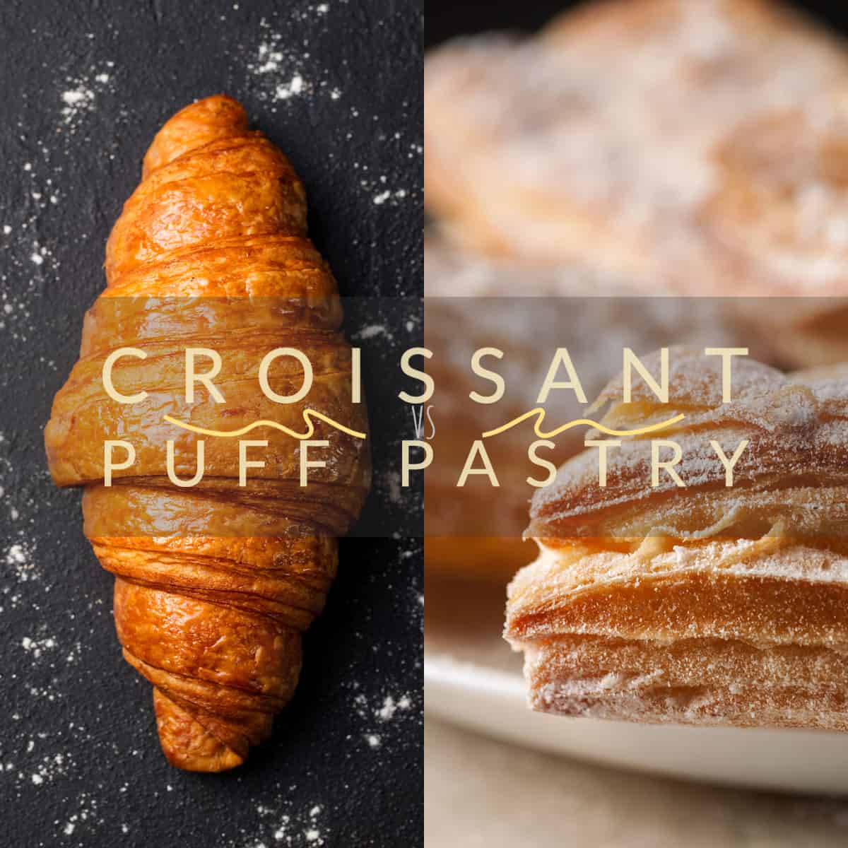 a croissant next to a piece of puff pastry 