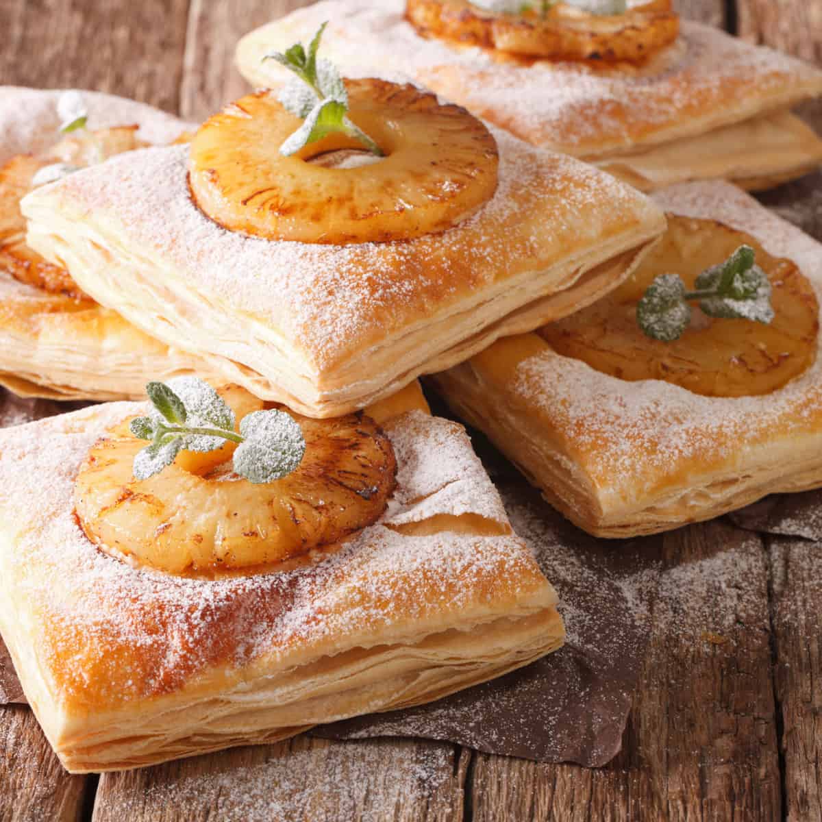 Puff pastry with a pineapple ring on top covered in powdered sugar