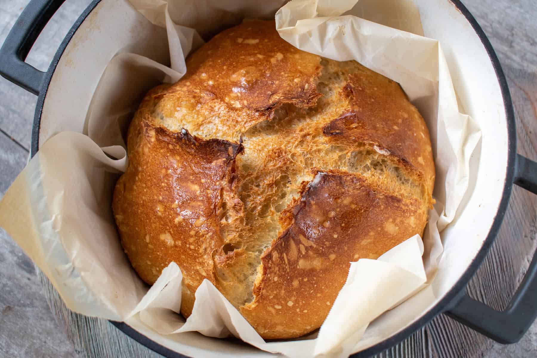 A loaf of bread in a dutch oven with parchment paper