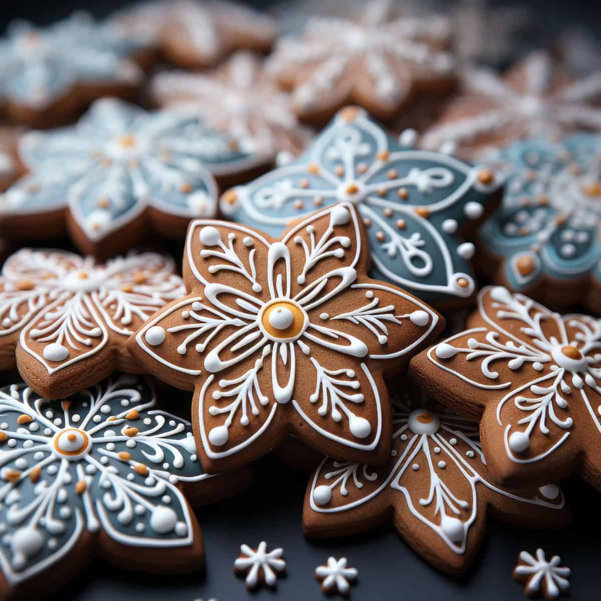 Star shaped gingerbread cookies with piped royal frosting 