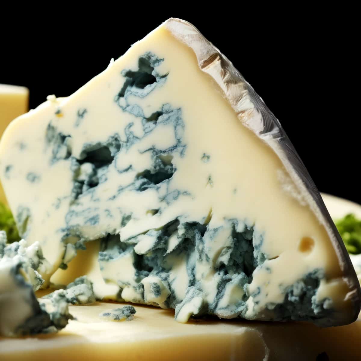 a brick of blue cheese showing the natural clue veining