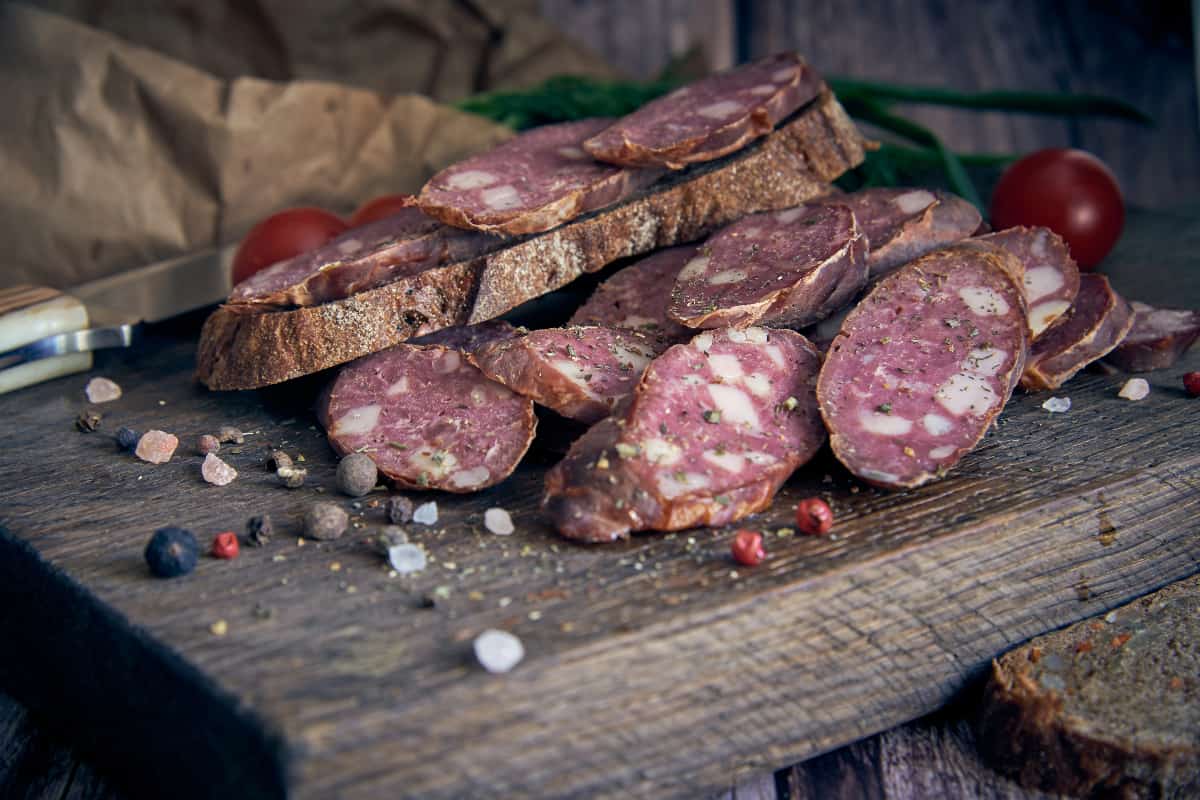 cured and sliced elk sausage 