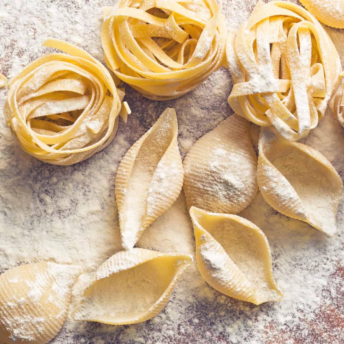 fresh fettuccini pasta and large shells on a wood board covered in flour