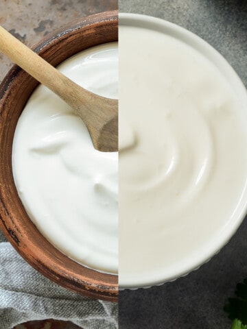 A 1/2 bowl of mexican crema next to a bowl of sour cream made to look like 1 bowl