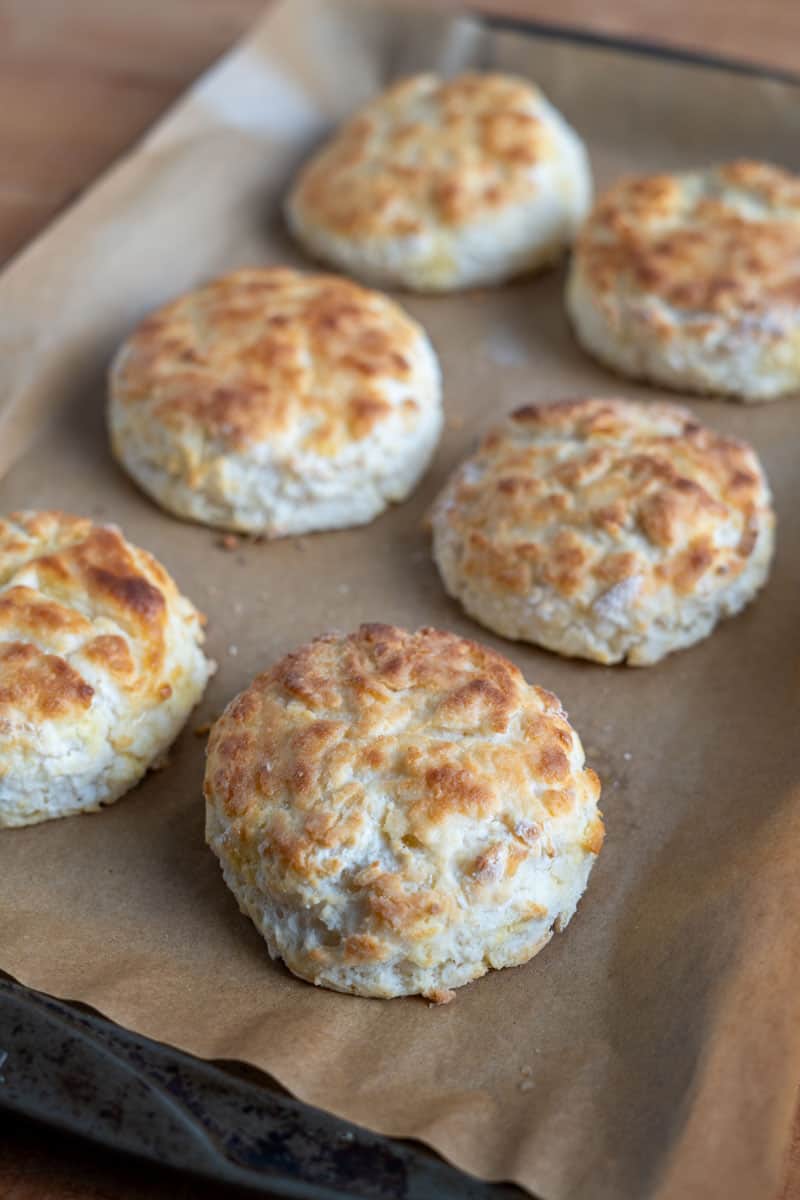 6 biscuits on a sheet tray lined with parchment