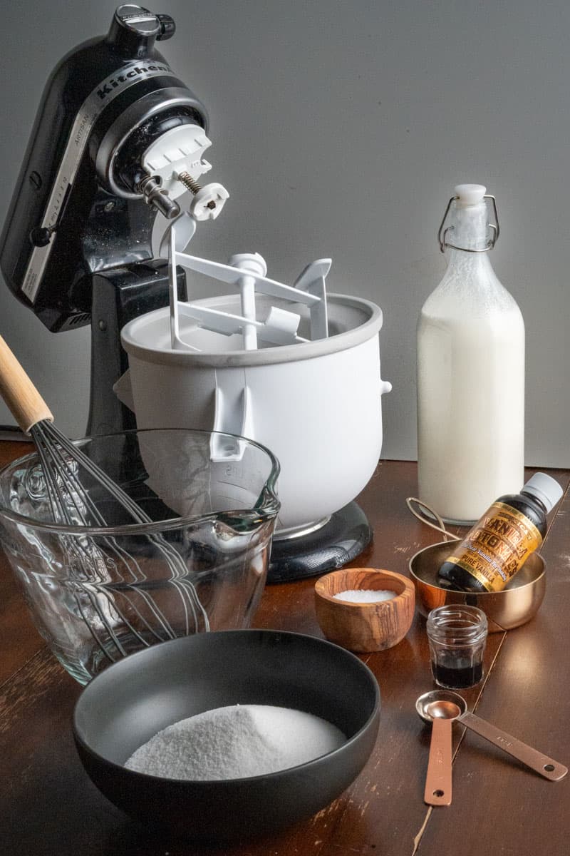 equipment you'll need to make mexican vanilla ice cream including the kitchenaid ice cream bowl