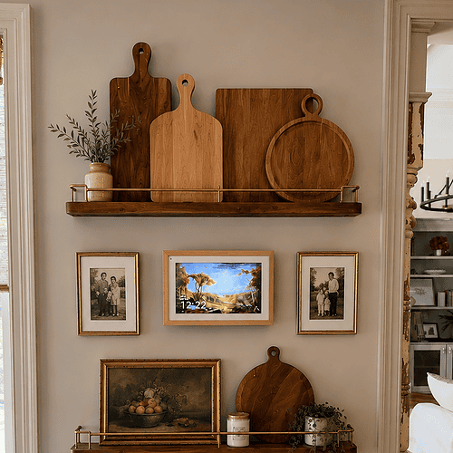 My charcuterie board collection on display shelves
