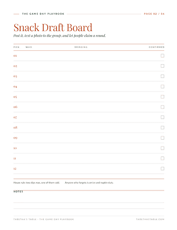 Snack Draft Board page from the Game Day Playbook