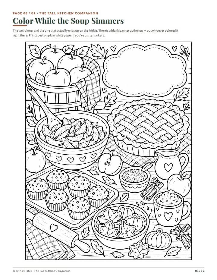 Preview of the Color While the Soup Simmers coloring page from The Fall Kitchen Companion, a hand-drawn fall kitchen scene with an apple basket, lattice pie, muffins, cinnamon sticks and a blank banner to write a name in.