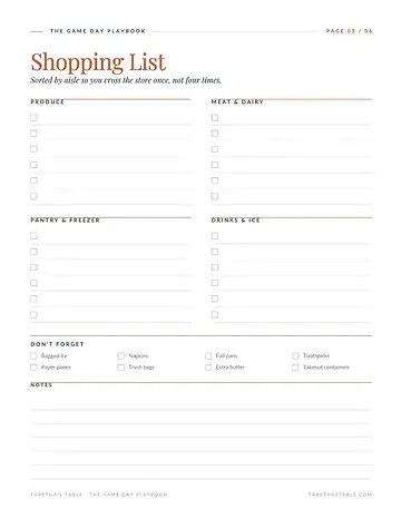 Shopping List page from the Game Day Playbook