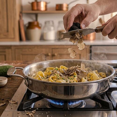 Shaving fresh black truffle over pasta