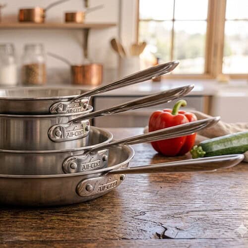 Stack of stainless steel frying pans on a wood counter