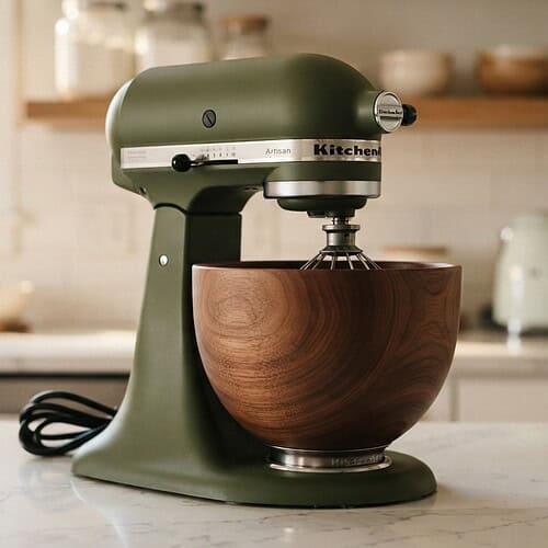 KitchenAid Evergreen Design Series stand mixer with walnut bowl