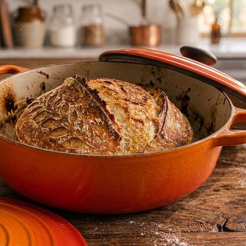 Sourdough bread baked in an orange Le Creuset Dutch oven
