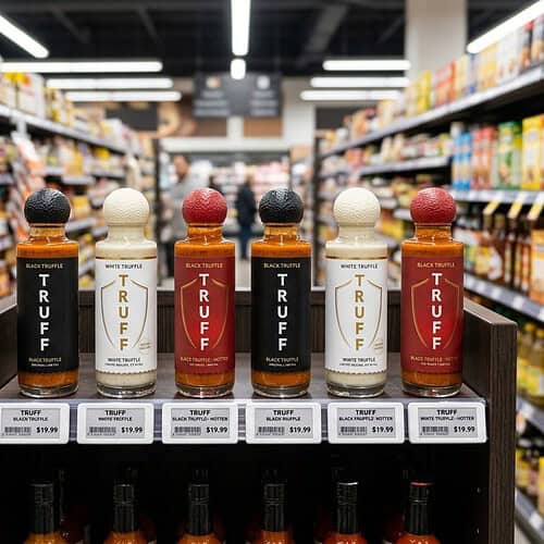 Row of TRUFF truffle hot sauce bottles on a store shelf