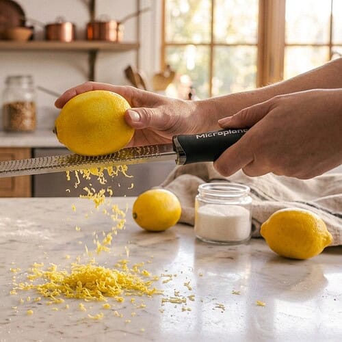 Microplane zester grating fresh lemon zest