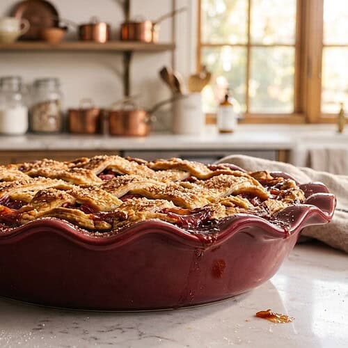 Lattice cherry pie in a ruffled Emile Henry pie dish