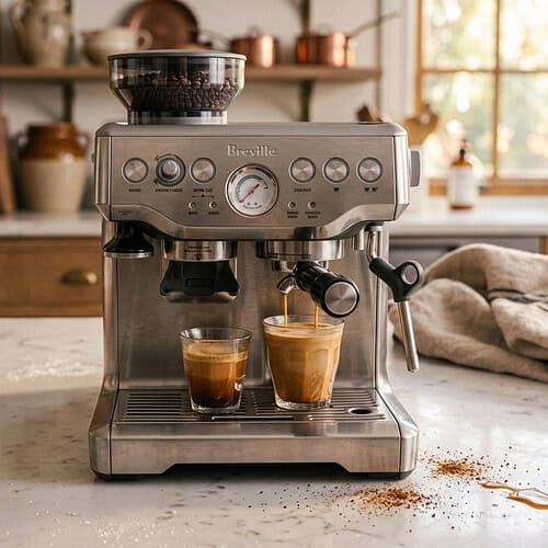 Breville Barista Express pulling two espresso shots