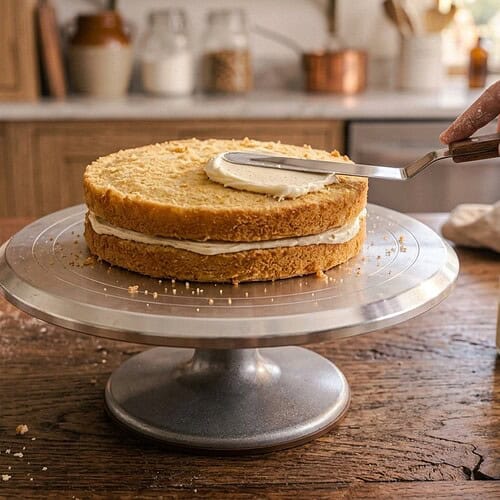 Frosting a layer cake on a cake decorating turntable