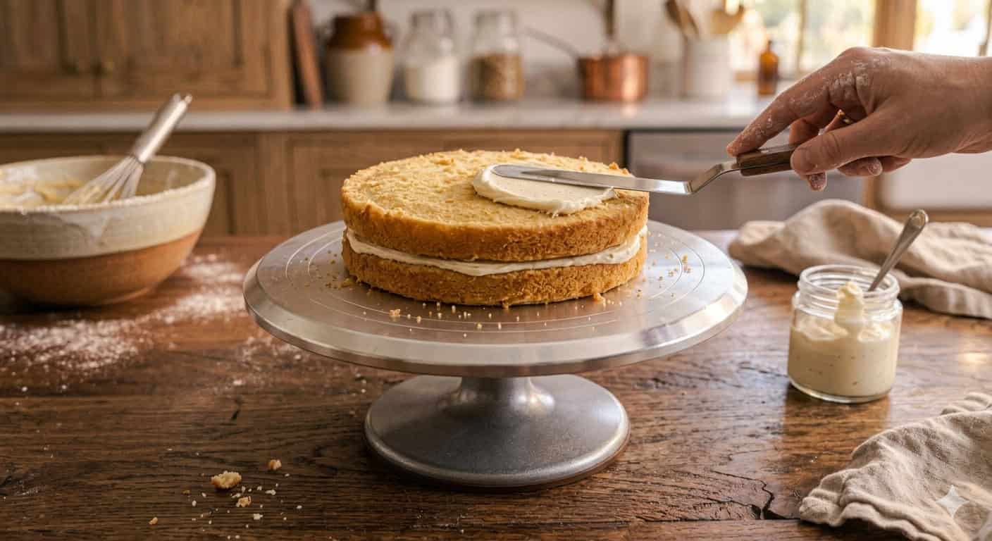 Frosting a layer cake on a cake decorating turntable