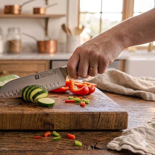 ZWILLING Pro knife slicing cucumber and red pepper on a wood cutting board